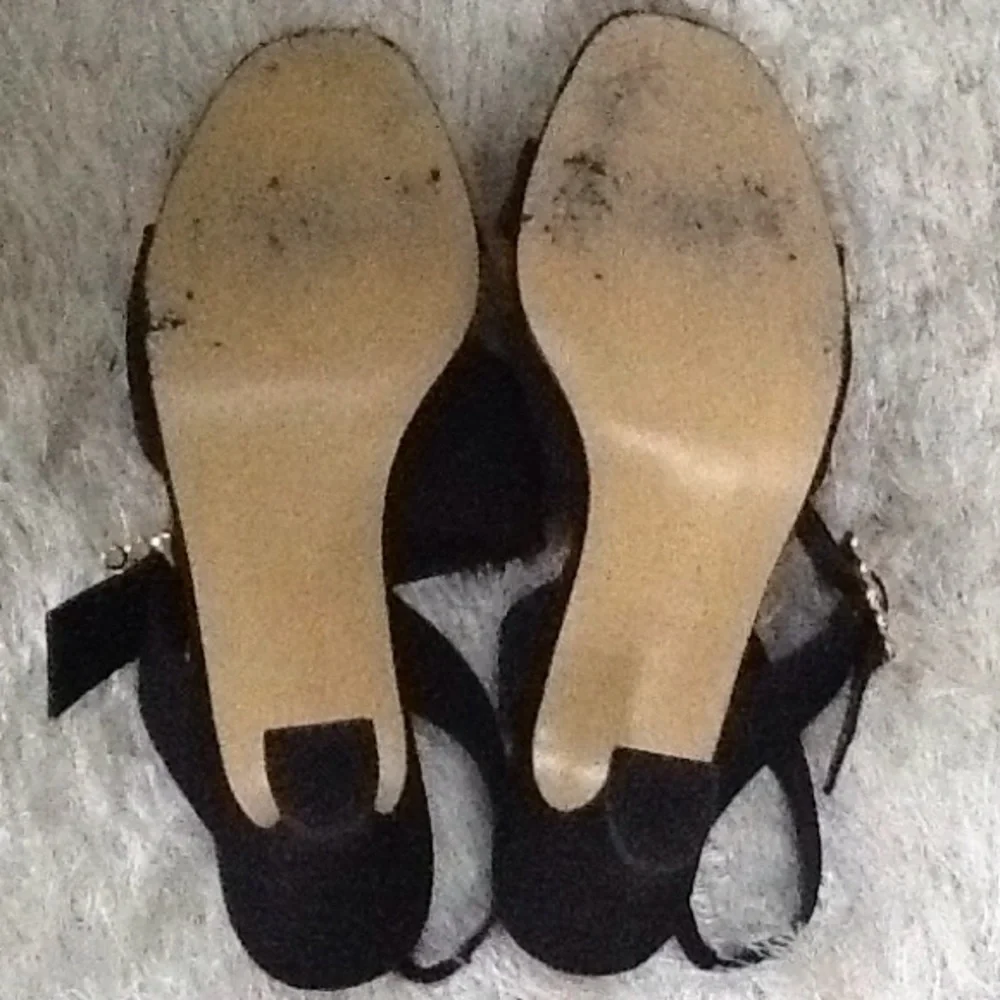 Caparro's‎ Black Satin Rhinestone Large Buckle Square Heels Shoes